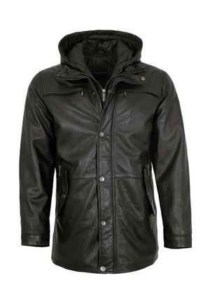 Schwarze Lederjacke mit Kapuze, ausgestattet mit einem Reißverschluss auf der Vorderseite, Druckknöpfen und zwei Seitentaschen. Glatte Textur und klassisches Design.