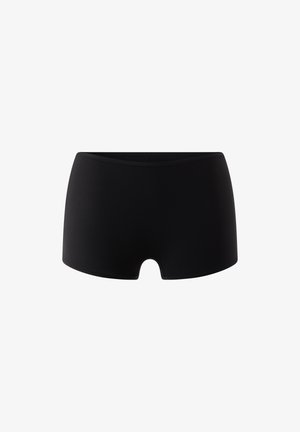 Black boyshort underwear made of smooth fabric, featuring a mid-rise waist, a small cut-out detail at the front, and seamless edges.