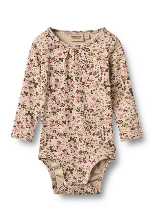 Body beige a manica lunga per neonati con stampa floreale rosa e marrone, scollo rotondo e bottoni a pressione sulla spalla e all'altezza del cavallo per facilitare il cambio.