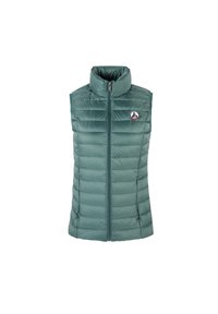 Lichtgewicht, teal kleurige puffer vest met hoge kraag, front ritssluiting en gequilt ontwerp. Heeft een logo patch op de linkerkant van de borst.