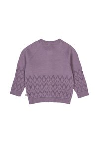 Maglione a maglia viola con un motivo a foglia testurizzato nella parte inferiore, con polsini e scollatura a costine.