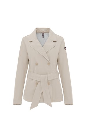 Beige double-breasted trench coat with a belted waist, wide lapels, and button accents. Smooth fabric with a slight sheen.
