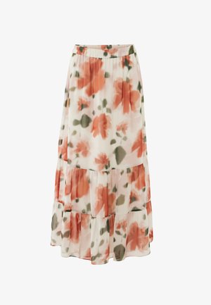Bloemenprint enkellange rok van lichtgewicht, doorschijnende stof. Voorzien van een pastel bloemenpatroon met geplooide lagen en een elastische tailleband.