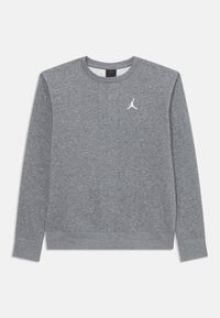 Pilkas džemperis, pagamintas iš minkštos medžiagos, su apvalia iškirpte, ilgomis rankovėmis ir baltu Jumpman logotipu kairėje krūtinės pusėje.