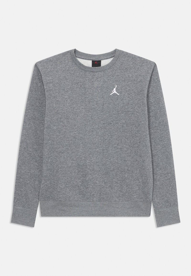Pilkas džemperis, pagamintas iš minkštos medžiagos, su apvalia iškirpte, ilgomis rankovėmis ir baltu Jumpman logotipu kairėje krūtinės pusėje.