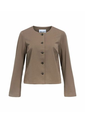 Giacca marrone, cropped, con maniche lunghe, scollatura rotonda e sei bottoni davanti. Realizzata in tessuto liscio con un design semplice e pulito.