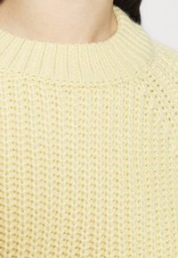Gros plan d'un pull tricoté jaune pâle avec un col rond côtelé porté par une personne.