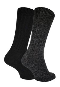 Schwarze und dunkelgraue gerippte Socken aus einem strukturierten Stoff, mit verstärktem Fersen- und Zehenbereich für Haltbarkeit.
