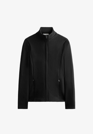 Črn zip-up jopič z visokim ovratnikom, sprednjimi žepi, gladko teksturo, dolgimi rokavi in subtilnim šivnim detajlom. Ravninska zasnova, brez vzorcev ali logojev.