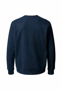 Sweat-shirt bleu marine à manches longues montré de dos avec poignets et ourlet côtelés sur fond blanc.