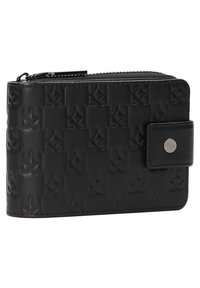 Portafoglio in pelle nera con pattern impresso, chiusura a zip e bottone automatico. Forma rettangolare compatta, superficie liscia, design minimalista.