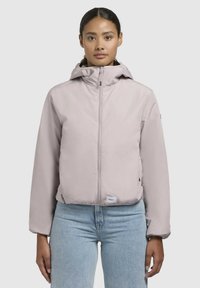 Light pink puffer jacket with a zip front, adjustable hood, and elastic cuffs, featuring a logo patch near the hem and side pockets.