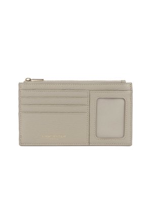 Light grey leather wallet with a zip closure, five card slots, and a transparent ID window. Gold logo detail at the bottom.