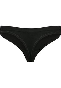 Czarny stringi z miękkim elastycznym pasem. Wykonane z gładkiego materiału, oferują minimalne krycie i bezszwowy design.