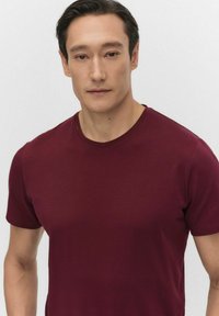 Mand med kort, mørkt hår iført en ensfarvet maroon t-shirt med korte ærmer, stående mod en lys neutral baggrund.