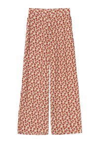 Pantalones de pierna ancha en crema con un patrón floral rojo; fabricados en una tela suave. Presentan una cintura alta y un corte holgado para mayor comodidad.