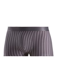 Boxers de hombre en gris oscuro con rayas blancas verticales. Hechos de una tela suave, con una cómoda cinturilla elástica que incluye un detalle del logo.