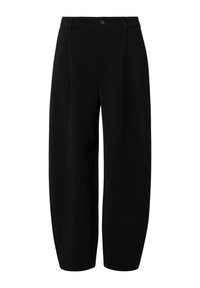 Czarne spodnie o szerokich nogawkach wykonane z gładkiej tkaniny. Posiadają dopasowaną talię z zapięciem na guzik oraz starannie wykonane plisowania z przodu, dodające szczegółu.