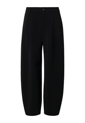 Schwarze, weit geschnittene Hose aus einem glatten Stoff. Verfügt über eine taillierte Passform mit Knopfverschluss und saubere vordere Falten für zusätzliche Details.