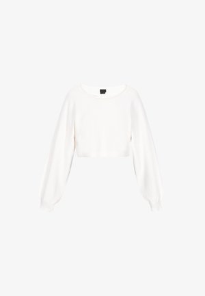 Maglione cropped bianco realizzato in tessuto morbido, con scollatura rotonda e maniche lunghe a palloncino con polsini a coste.