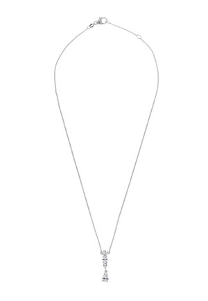 Silver chain necklace featuring a linear pendant with varying shaped clear gemstones, including teardrop and round cuts, with a polished finish.