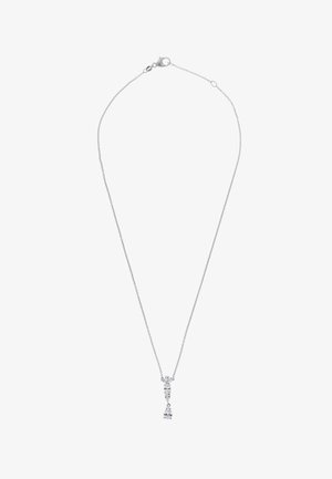 Silver chain necklace featuring a linear pendant with varying shaped clear gemstones, including teardrop and round cuts, with a polished finish.