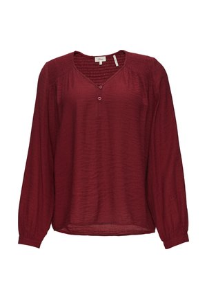 Bordeaux blouse met lange mouwen, V-hals, knoopdetails en gerimpelde accenten op de schouders. Licht, textuurstof met een ontspannen pasvorm.