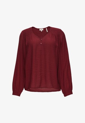 Bordeaux blouse met lange mouwen, V-hals, knoopdetails en gerimpelde accenten op de schouders. Licht, textuurstof met een ontspannen pasvorm.