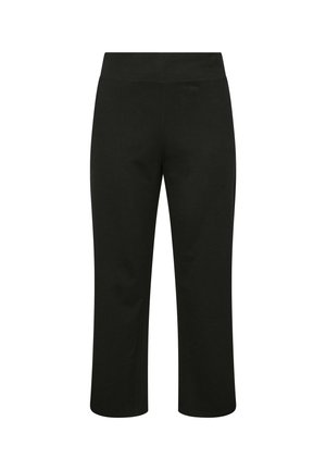 Pantalones capri negros confeccionados con un tejido suave y elástico. Cuentan con una cintura ancha, textura lisa y un corte a la altura del tobillo.