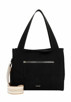 Must ristkülikukujuline käekott laiade sangade, esikülje lukuga tasku ja eemaldatava beežika punutud õlarihmaga.