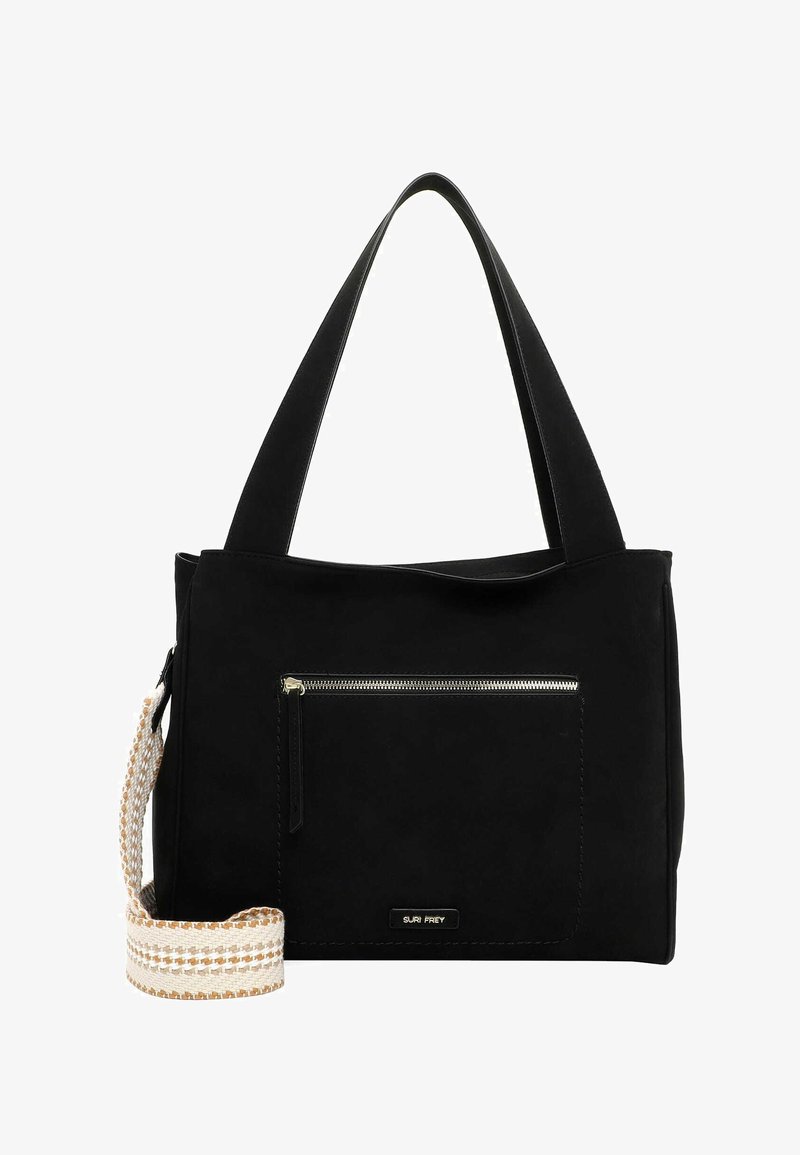 Zwarte rechthoekige handtas met brede handvatten, voorvak met ritssluiting en afneembare beige geweven schouderband.