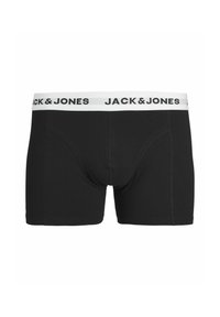 Schwarze Boxershorts aus einem weichen Stoff. Mit einem weißen Bündchen, auf dem "JACK & JONES" in Schwarz gedruckt ist. Strukturierte Passform mit unterstützendem Schnitt.