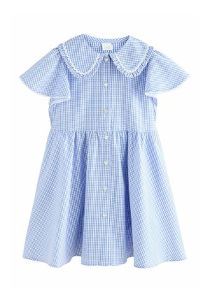 Blå og hvid gingham-kjole med korte ærmer, takkekantet Peter Pan-krave og knaplukning foran.