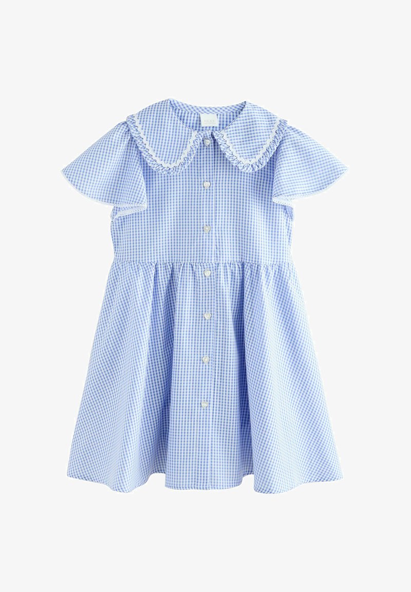 Vestido de manga corta con estampado de cuadros vichy azul y blanco, cuello Peter Pan con borde festoneado y cierre frontal de botones.