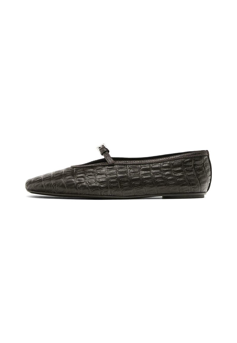 Black flat shoes made of textured crocodile-pattern leather, featuring a slim strap with a metallic buckle across the instep and a rounded toe.