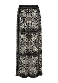 Schwarze weite Hose mit elastischem Bund, die ein detailliertes weißes Blumendesign und geometrische Akzente im gesamten Stoff aufweist.