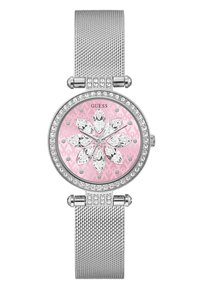 Silbernes Netzarmbanduhr mit einem rosa Zifferblatt, das ein florales Design mit kristallbesetztem Akzent und einem steinbesetzten Gehäuse zeigt.