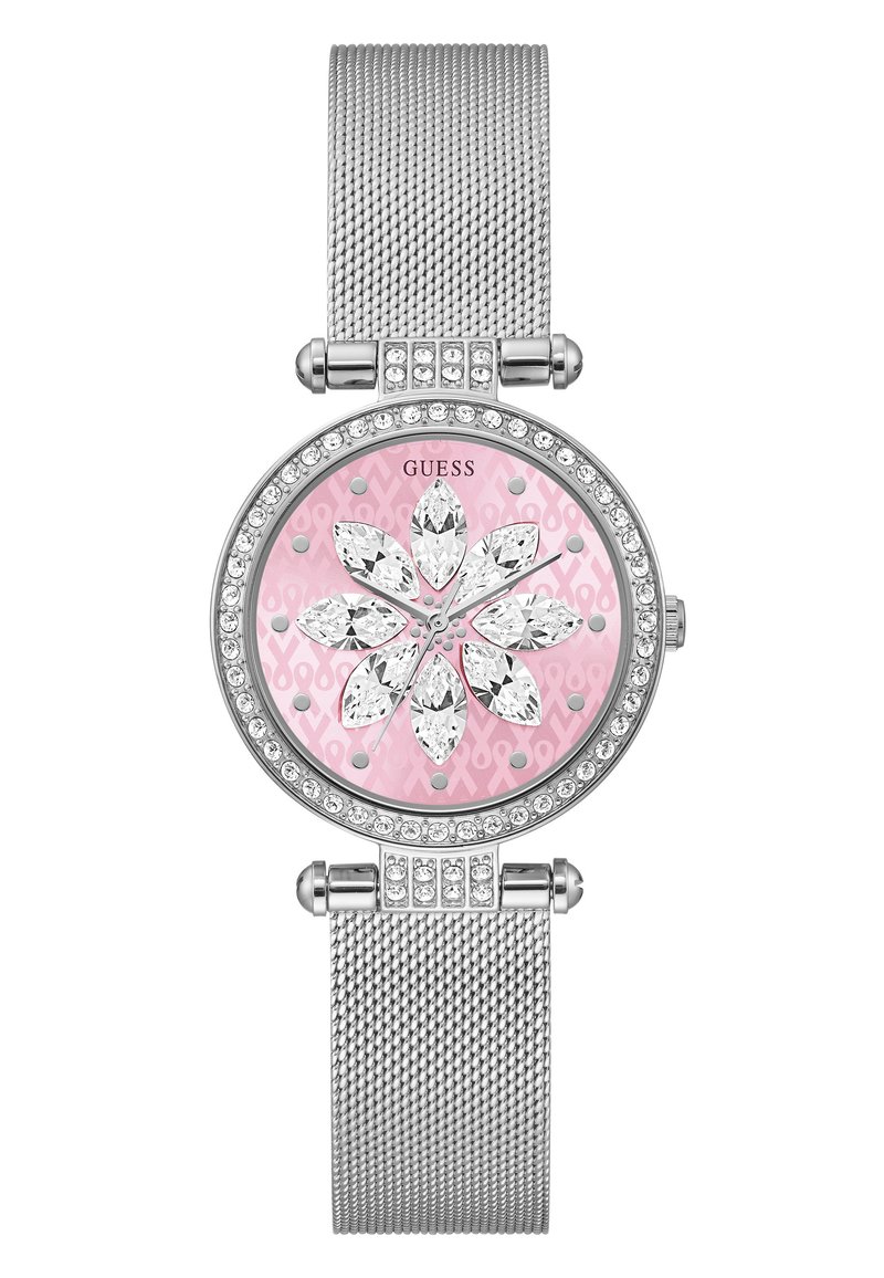 Silbernes Netzarmbanduhr mit einem rosa Zifferblatt, das ein florales Design mit kristallbesetztem Akzent und einem steinbesetzten Gehäuse zeigt.
