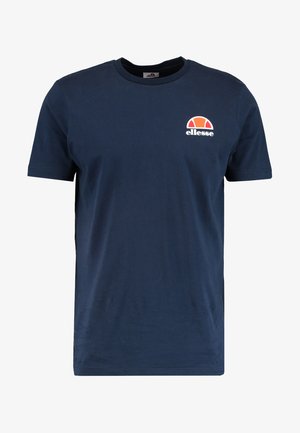 Granatowa bawełniana koszulka z krótkim rękawem, okrągłym dekoltem i białą oraz pomarańczową logotypem na piersi. Gładka faktura, klasyczny krój.