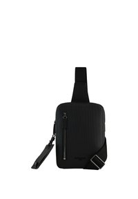 Borsa a tracolla nera con superficie testurizzata, tasca frontale con zip, tracolla regolabile e forma rettangolare. Presenta un design elegante e hardware minimale.