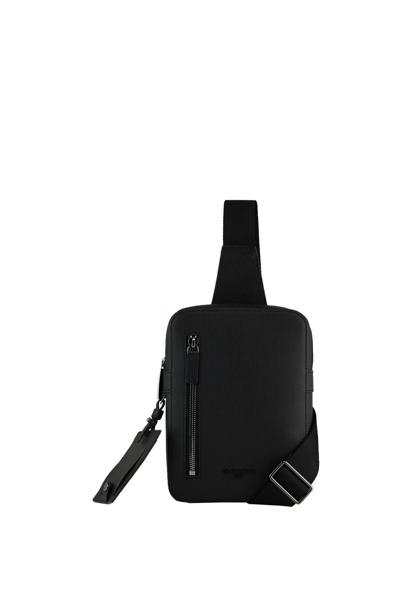 Borsa a tracolla nera con superficie testurizzata, tasca frontale con zip, tracolla regolabile e forma rettangolare. Presenta un design elegante e hardware minimale.