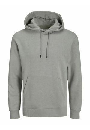 Lichtgrijze hoodie met een voorzak, verstelbare trekkoorden voor de capuchon, ribgebreide manchetten en een zachte katoenmix textuur. Eenvoudig, ongecompliceerd ontwerp.