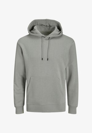 Sudadera de color gris claro con un bolsillo frontal, capucha ajustable con cordones, puños acanalados y una textura suave de mezcla de algodón. Diseño simple y sin adornos.