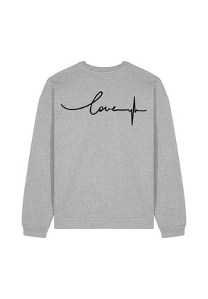 Grauer Sweatshirt mit langen Ärmeln, auf dem Rücken mit einem schwarzen, geschwungenen "love"-Text und einem Herzschlaglinien-Design. Weicher Stoff, Rundhalsausschnitt.