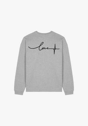 Grå sweatshirt med långa ärmar, med en svart kursiv "love"-text och en hjärtslagslinje-grafik på baksidan. Mjuk textur och rundad halsdesign.