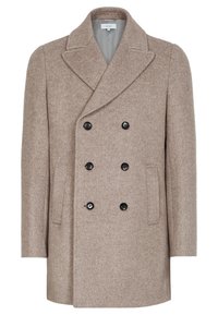 Cappotto doppiopetto in tessuto a spina di pesce marrone chiaro, con rever a punte, due tasche anteriori e bottoni neri.