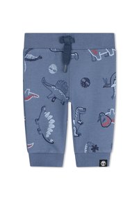 Blauwe peuterbroek met elastische manchetten en tailleband, bedrukt met verschillende cartoon-dinosaurussen en een koord in de taille.