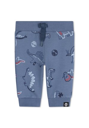 Pantalons pour tout-petit bleus avec des poignets et une ceinture élastiques, ornés de divers dinosaures de dessin animé et d'un cordon de serrage à la taille.