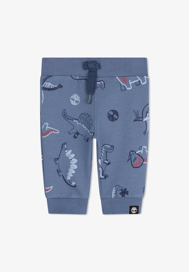 Blauwe peuterbroek met elastische manchetten en tailleband, bedrukt met verschillende cartoon-dinosaurussen en een koord in de taille.