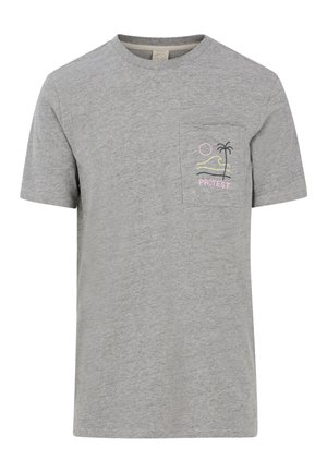 Siva majica kratkih rukava od pamuka, koja ima džep s šarenim izvezenim dizajnom palme, sunca i valova.